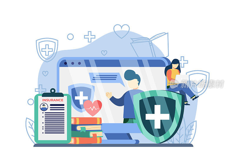health care online webinars. woman sit on medical shield watch online webinars. online webinars, online courses, training, insurance. can be used for landing pages, web, banners, templates.